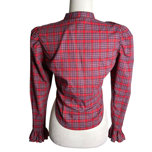 Vintage 80s Nordstrom Point Of View Red Plaid Ruffle Button-Up Blouse Size XS - Picture 4 of 6